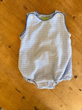Light Blue Plaid Sleeveless Baby Bubble Romper with Navy Trim